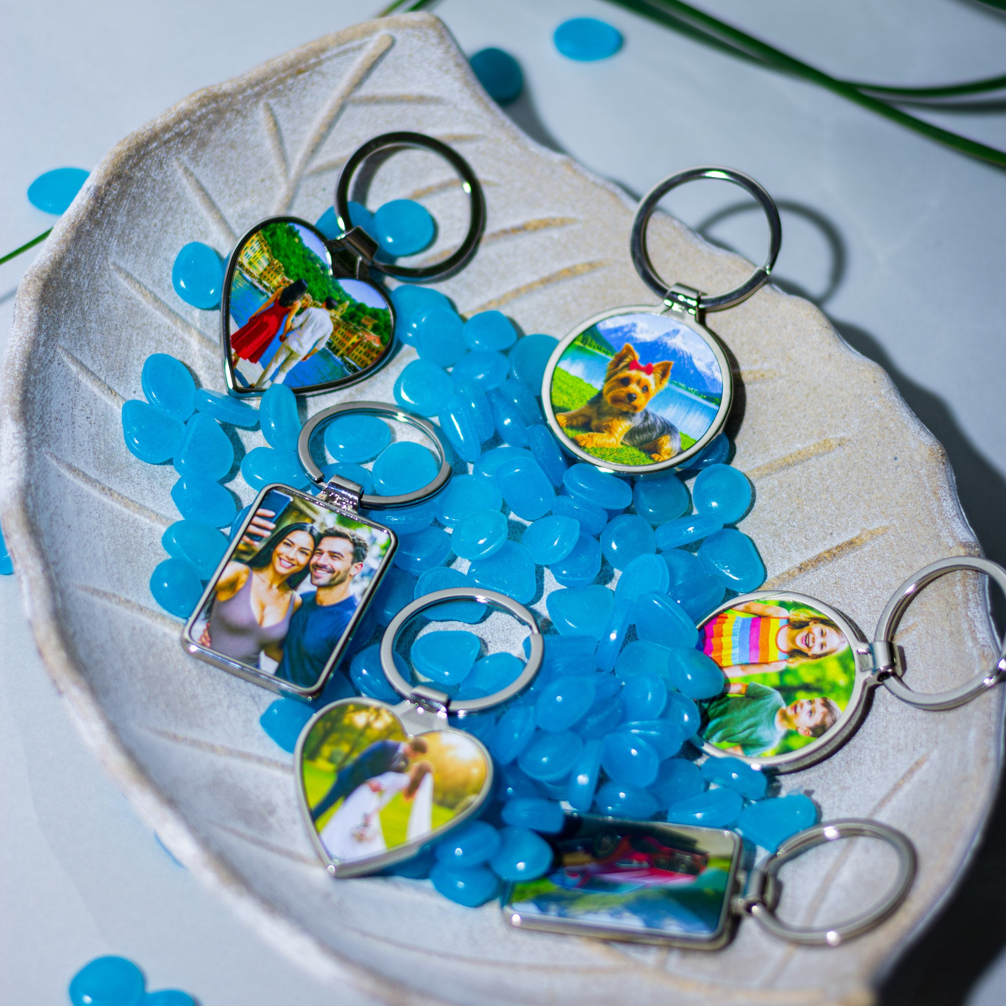 индивидуални персонализирани ключодържатели по снимка – сърце, кръг и правоъгълна форма